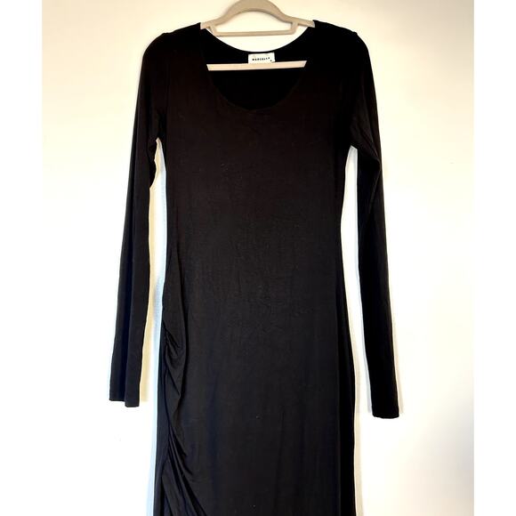 NWOT Marcella NYC Black Long Sleeve Ruched Tulip Hem Midi Dress M Tencel Bodycon - Picture 15 of 15